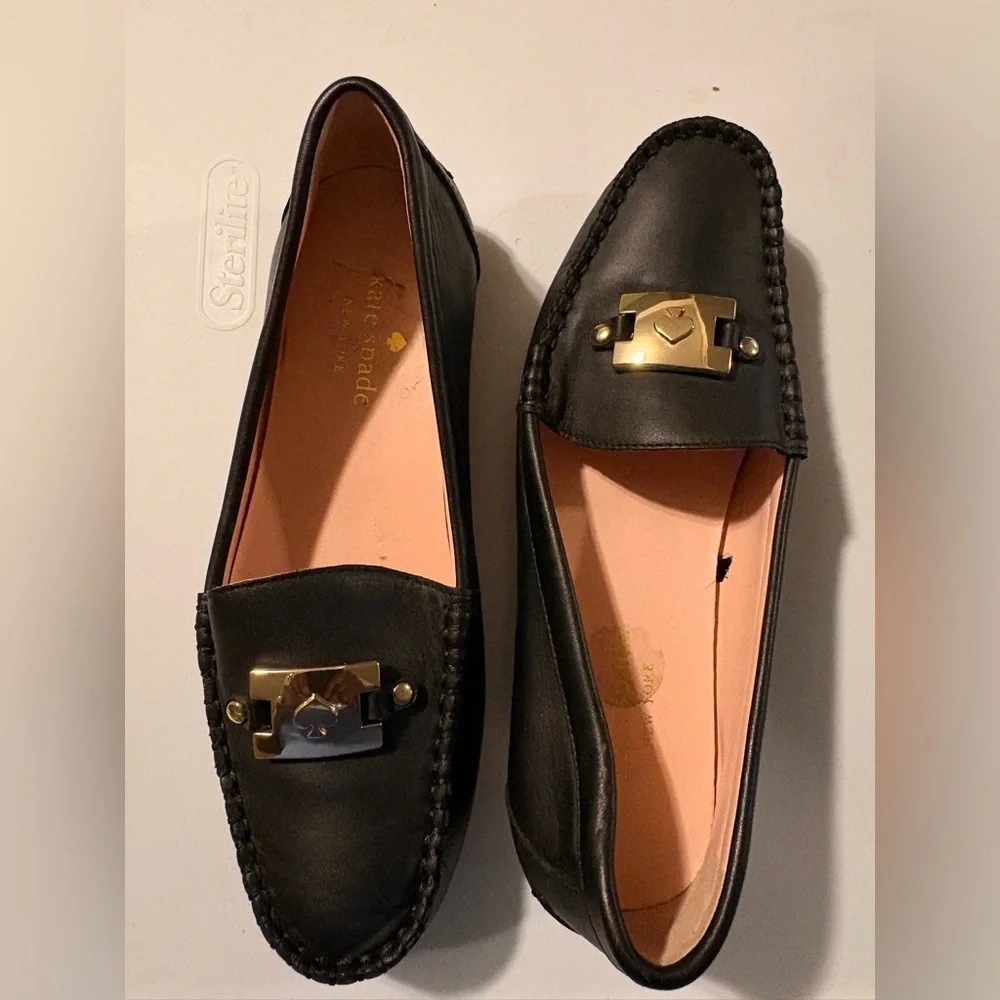 Kate Spade New York Black Carmen Loafers With Gold Design-Sz 6/36.5